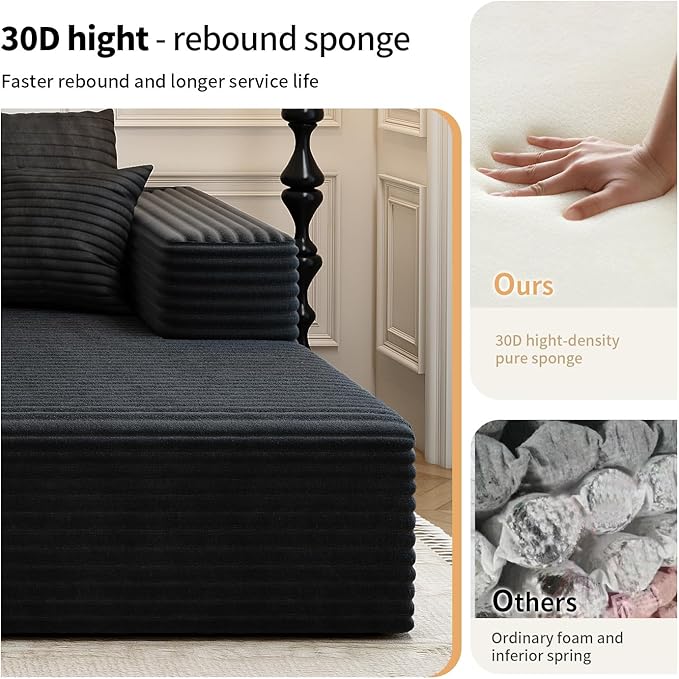 107.5" Cloud Modular Sectional Sofa with 1 Ottoman,Modern Minimalist Upholstered Couches, Comfort U Shaped Sofa for Living Room,Deep Seat Corner Couch，No Assembly Required (Black,Right Facing Chaise)