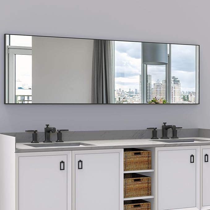 ANYHI Large Full Length Mirror, 60" x 18" Door Mirror Full Length, 2 Hooks, Over The Door or Wall Monuted, Aluminum Frame, for Bedroom Bathroom Checkroom, Black