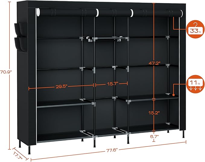 Portable Closet, 77.6 Inch Extra Large Capacity Wardrobe Closet with Cover, Clothes Storage Organizer with Shelves and 3 Hanging Rods, Easy to Assembly, Black PCT223B01