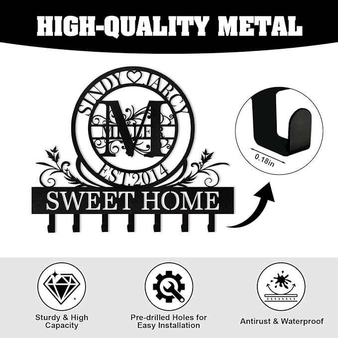 Personalized Metal Key Holder Wall Mount, Custom Last Name Key Holder for Wall, Home Decor, Decorative Key Rack Coat Hooks for Entryway Office Kitchen Doorway, Housewarming Gifts