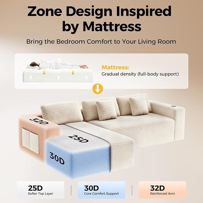 108” Cloud Sectional Couch in One Box, Compressed Modular Sectional Sofa with Deep Seat, Corduroy Boneless Couches, L-Shaped Sofa for Living Room, 4 Storage Pockets(Left Facing Chaise, Beige)