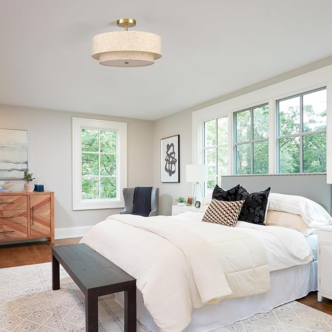 18" Semi Flush Mount Ceiling Light with Fabric Lampshade Modern Drum Ceiling Lamp Gold Ceiling Light Fixture for Dining Room Kitchen Bedroom Living Room