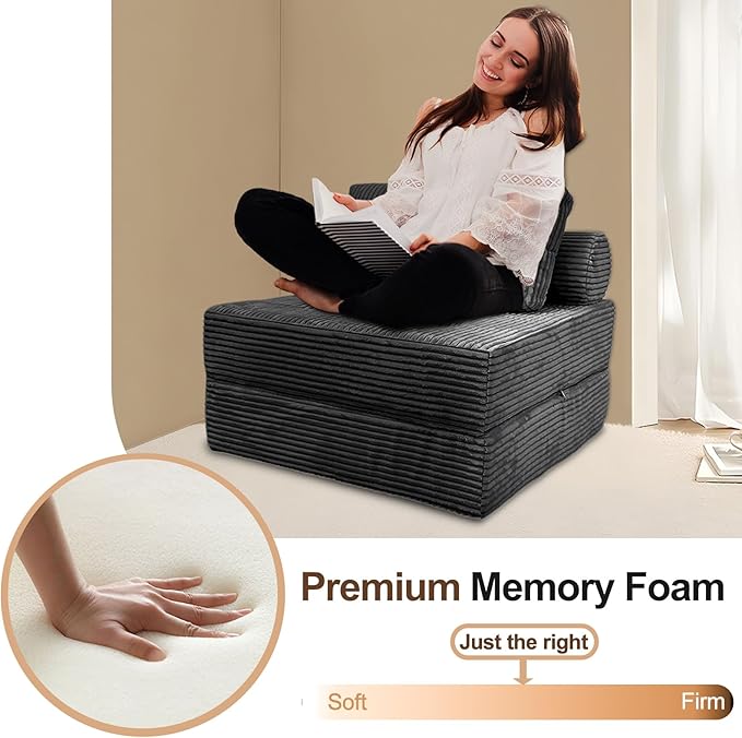 Folding Sofa Bed Futon, Boneless Couch, Supportive Sleeper Chair with Pillow, Comfy Plush Corduroy Fabric, Cozy Floor Couch, Versatile Convertible Mattress for Living Room, Dark Grey