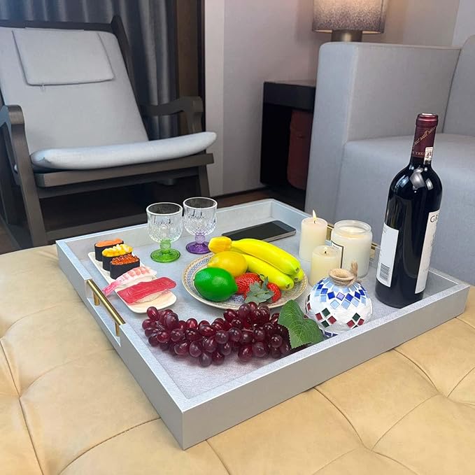 20x20 Inches Large Silver Faux Leather Wrapped Wood Ottoman Tray with Handles for All Occasions, Serving Food Breakfast On Bed, Home Decor Decorative, Living Room,Square Coffee Table Organizer