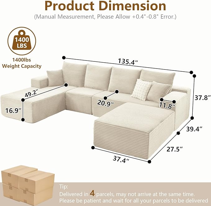 135" L-Shape Sofa with Ottoman, Modern Modular Sectional Comfy U-Shape Cloud Couch, Deep Seat, Upholstered Corduroy Sleeper Chaise Longue for Living Room Bedroom, No Assembly Required, White