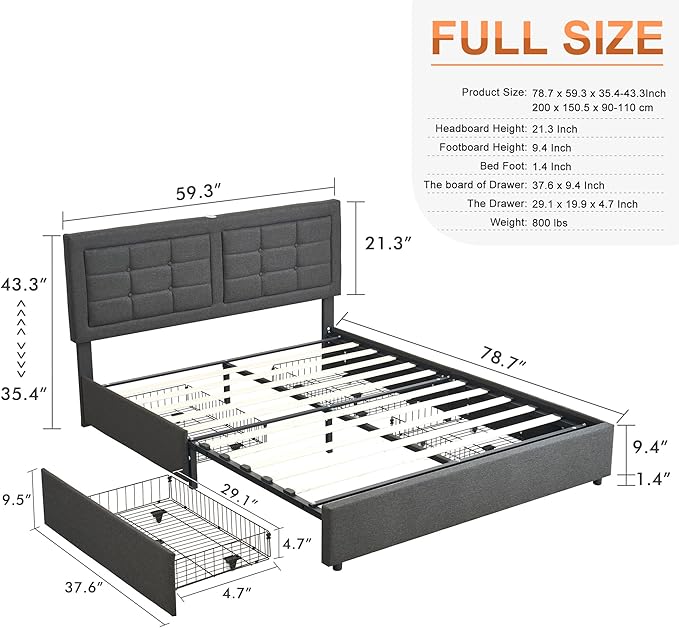 VECELO Full Size Bed Frame with 4 Drawers, Adjustable Tufted Button Headboard, Upholstered Platform with Wood Slats Support, Built-in USB and Type C Ports, Dark Gray