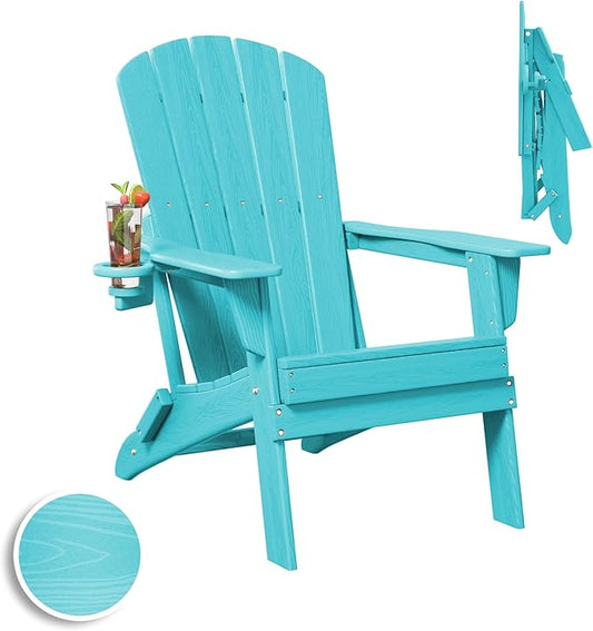 Plawdlik Folding Adirondack Chair, SGS Tested, Wooden Textured with Cup Holder, Heavy All-Weather HDPE Comfortable Set Poolside Backyard Lawn Aruba Blue
