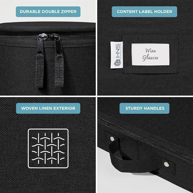 Hard Shell China Storage Containers 12-Piece Set Moving Boxes for Dinnerware, Glasses, Plates, Mugs and Saucers Sturdy Dish Organizer with Dividers for Seasonal Storage - Service for 12 - Black