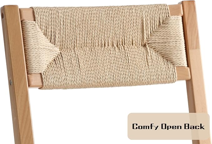 Modern Rattan Dining Chairs Set of 4, Boho Cane Farmhouse Chair, Natural Wood Legs Dining Chairs with Open Back, Armless with Natural Weave 2.5 Inches Seat Kitchen Chairs for Living Room