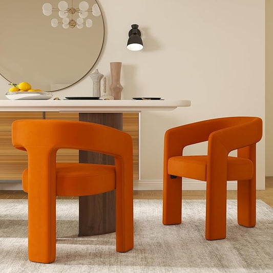 Modern Barrel Dining Chairs Set of 2, Velvet Upholstered Accent Side Chair with Arms Comfy Makeup Vanity Chairs, Dining Living Room Kitchen Chairs, Orange