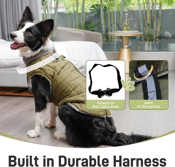 Warm Fleece Dog Coats with Durable Harness Buitl in D-Ring,Waterproof Puppy Jacket for Small Dogs,Dog Vest for Cold Winter,Green XS