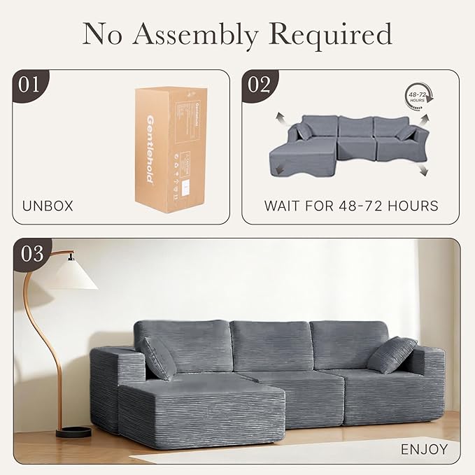 108” Modular Sectional Sofa Couch with Ottoman, 3-Seater Boneless Couch, L Shape Sectional Sofa Compressed Sofa for Living Room Bedroom, No Assembly Needed (Grey, 3 Seats+1 Ottoman)