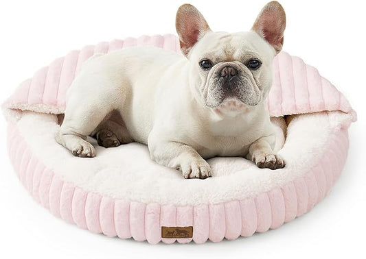 Small Dog Bed with Hooded Blanket, Round Fluffy Anti-Anxiety Pet Bed for Small Dogs & Medium Dogs, Cozy Donut Cuddler with Machine Washable Faux Fur & Anti-Slip Bottom(26"×26"×7",Pink)