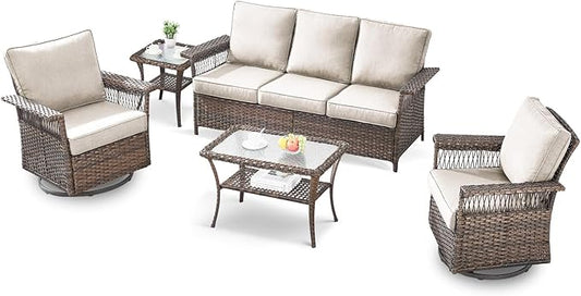 5 Pieces Wicker Patio Furniture Set - Hollow Widen Armrests Outdoor Swivel Glider Chairs and 3 Seat Sofa with Coffee Table & Side Table for Balcony Porch Deck and Yard - Brown/Beige