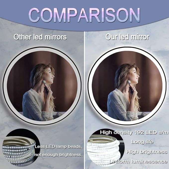 40 inch Round LED Bathroom Mirror, Black Frame, Wall Mount, Fogless, Adjustable, 3 Color Lights Smart Mirror with Anti-Fog