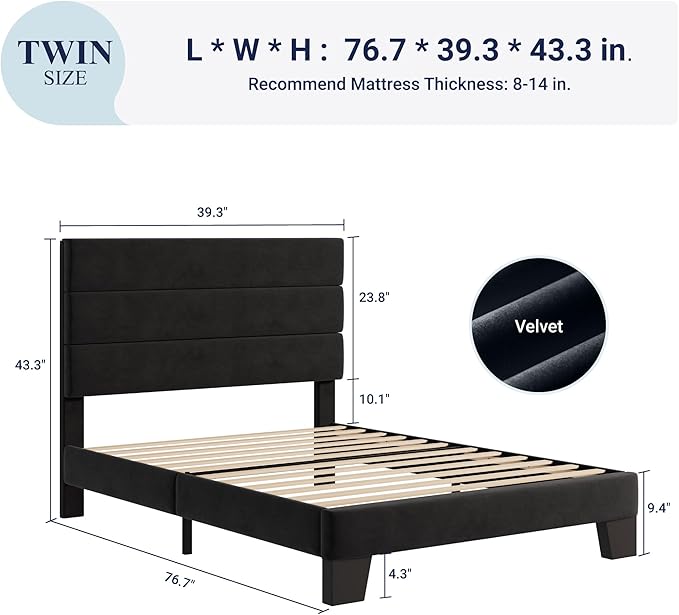 Allewie Twin Size Platform Bed Frame with Velvet Upholstered Headboard and Wooden Slats Support, Fully Upholstered Mattress Foundation/No Box Spring Needed/Easy Assembly, Black