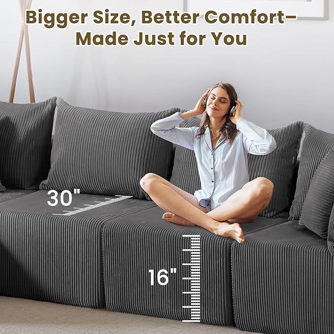 Oversize 131” Boneless Couch for Living Room, Comfort L Shaped Cloud Couch Sectional, Extra Deep Seats Corduroy Modular Sectional Sofa No Assembly,Grey