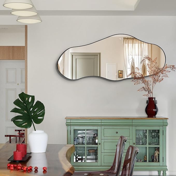 Irregular Mirror, 47"x20.5" Asymmetrical Mirrors, Abstract Wall Mirror with Metal Frame, Modern Unique Shaped Mirrors for Living Room Bathroom Bedroom Hallway Entryway Fireplace