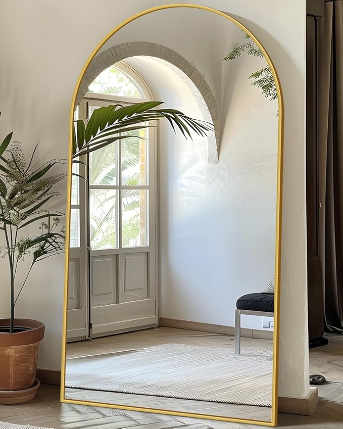 Full Length Mirror, 76"x44" Floor Mirror Freestanding, Oversized Floor Standing Full Body Mirror with Stand for Bedroom, Hanging Mounted for Living Room Cloakroom, Gold, Arched