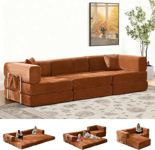 Folding Sofa Bed Convertable Corduroy Couch King Size Floor Sleeper 4-in-1 DIY Combination Modular Sofa Fold Out Futon Lounge Comfy Foldable Lazy cama for Living Room (Orange)