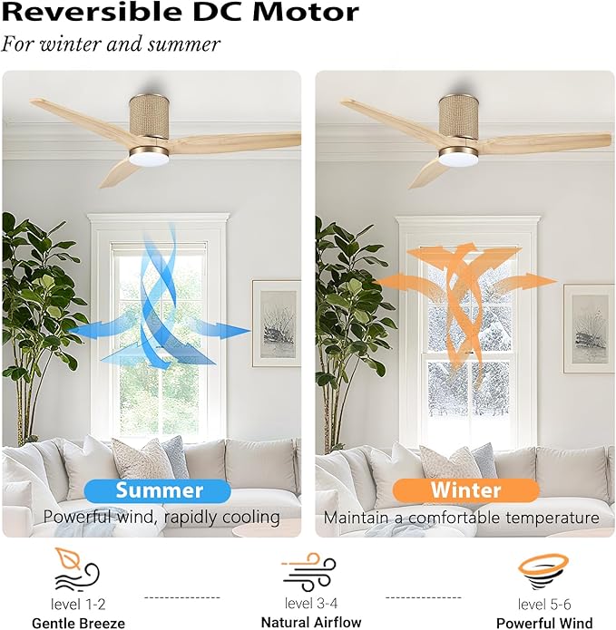 52" Ceiling Fan with Light - Low Profile Flush Mount Ceiling Fan, 6-Speed Remote Control, Solid Wood, Quiet Reversible DC Motor, Boho Style, for Bedroom, Living Room, Porch, Light Oak/Gold