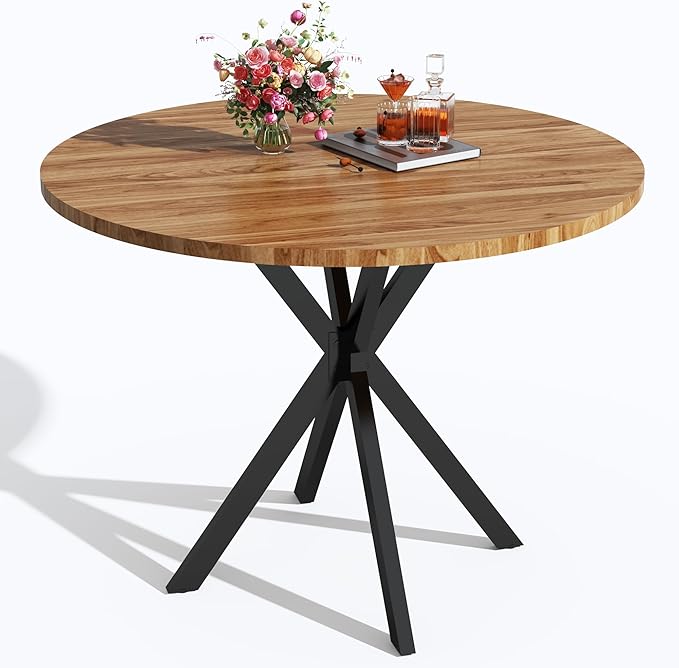 Round Dining Table, 39 Inch Modern Round Walnut Dining Table with Black X Base, Kitchen Leisure Table for 4-5 People Small Space Dining Room, Apartment, Kitchen