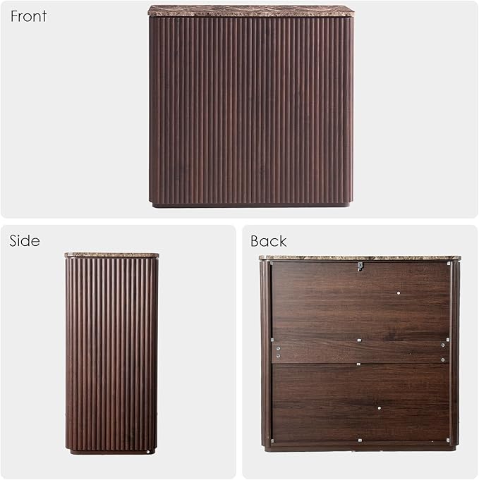 Fluted 2 Doors Sideboard Cabinet with Storage-Wooden Credenza w/Shelves, Faux Marble-Top Coffee Bar Console Table, Modern Buffet Cabinet for Dining, Kitchen, Living Room, Entryway, Dark Oak, 2pcs