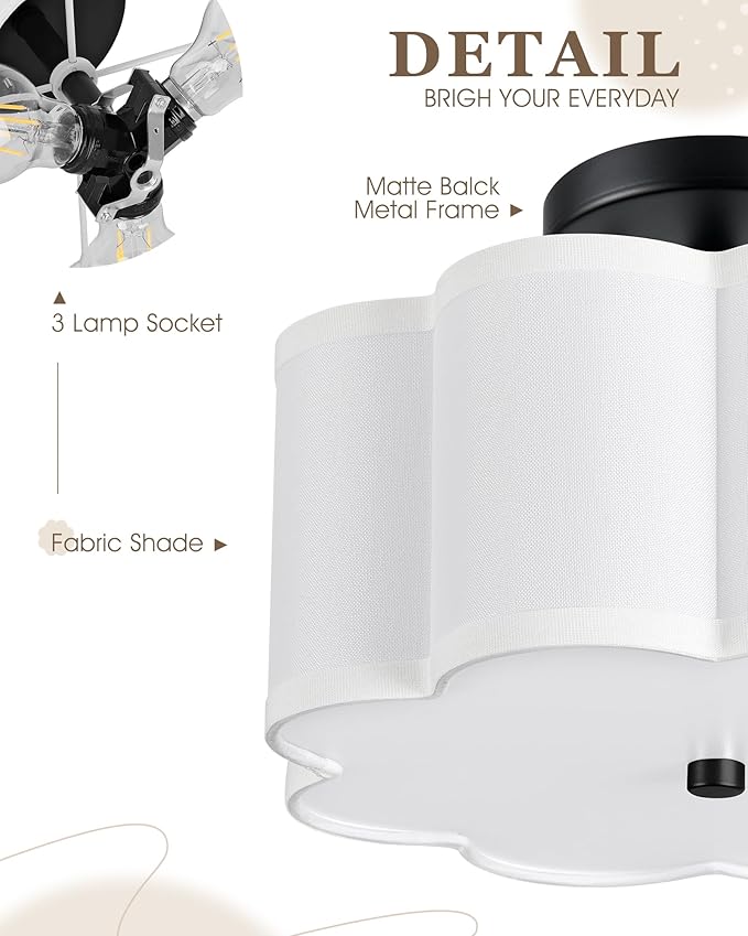 Semi Flush Mount Ceiling Lights, 3-Light 13" Ceiling Light Fixtures with Fabric Shade in Flower Shape, Matte Black Drum Lighting for Nursery Hallway Bedroom Kitchen, AD-22007-3SF-BK