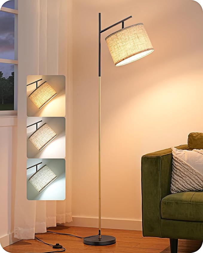 EDISHINE Modern Floor Lamps for Living Room, 64.7" Minimalist Standing Lamp with 3 Color Temperatures Bulb & Adjustable Linen Shade, Foot Pedal Switch, Arc Tall Lamp for Bedroom Office, Black Gold