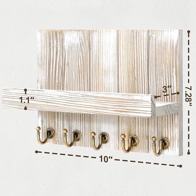Rebee Vision Farmhouse Key Holder for Wall - Mail Organizer & Key Hanger for Wall - 5 Sturdy Key Hooks with Small Floating Shelf for Rustic Apartment Essentials (Natural Wood, 3.54"D x 10"W x 7.28"H)