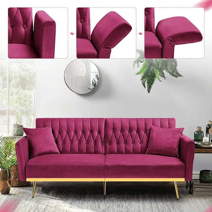70” Velvet Futon Sofa Bed with 2 Pillows and Adjustable Armrests, Convertible Sleeper Bed W/Adjustable Backrests, Modern Loveseat for Living Room, Bedroom, Fuchsia