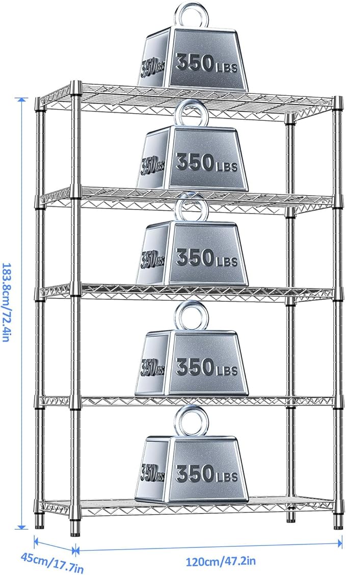 IZEUK 5-Tier Heavy Duty Metal Storage Shelving Unit (Chrome, 17.7" D x 47.2" W x 72.3" H, 1750 lbs Capacity), Adjustable Steel Wire Rack Shelf Organizer for Garage, Kitchen, Pantry, Basement, Laundry