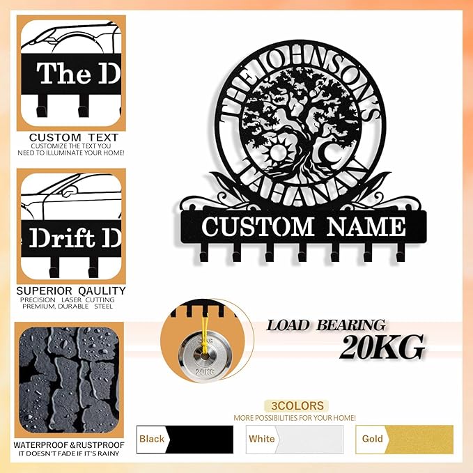 Personalized Key Holder Wall Mount, Custom Tree of Life Metal Keys Holder for Wall with Name, Wall Key Hanger Rack with Hooks for Entryway, Front Door, Living Room, Kitchen, Bathroom, Garden