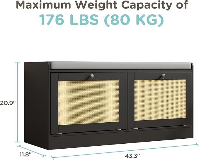 MHOM Rattan Shoe Bench for Entryway, Hallway and Bedroom - Boho Bench with Storage Cabinets and Seat Cushion - Wooden Storage Bench Fits up to Size 16, Black