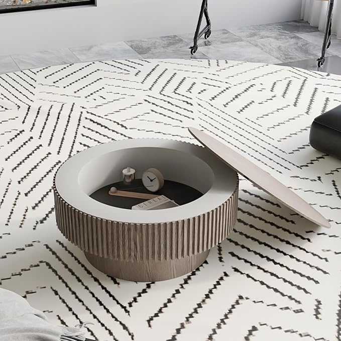 31.5'' Small Round Coffee Table with Storage, Fluted Coffee Table with Solid Wood Veneered, Mid Century Modern Wooden Center Table, Accent Tea Table for Small Space Living Room Apartment, Grey