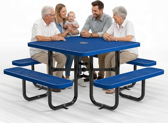 Metal Picnic Tables for Outdoors with Umbrella Hole - Coated Steel Heavy Duty Commercial Grade Furniture with Adjustable Seats (Blue, 46 in, Square, Expanded Steel)