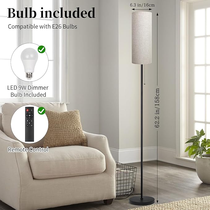 Floor Lamp for Living Room, Modern Standing Lamps with Lampshade, Minimalist Tall Lamp with Chain Switch for Living Room, LED Bulb Included (Beige Shade-Remote Bulb)