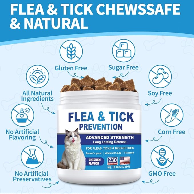 Cat Flea and Tick Chewable 230ct, Oral Flea and Tick Chews Supplement, Skin & Coat Support for Cats, Kittens, All Breeds & Sizes