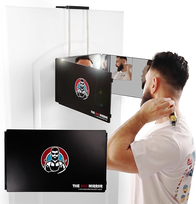 The 360 Mirror - 3 Way Mirror for Self Hair Cutting - Adjustable Trifold Barber Mirro to Cut Your Own Hair - Tri Fold Self Haircut System for Men - Three Sided Mirro for Haircuts (with LED)