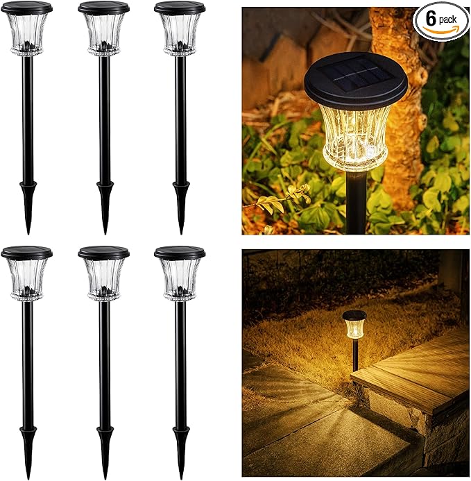 Glass Solar Pathway Lights Outdoor Waterproof, Decor Landscape Lighting with Modular Design, 3000K LED, Auto On/Off Solar Stake Light for Yard Garden Driveway Walkway Lawn, Warm White (6 Pack)