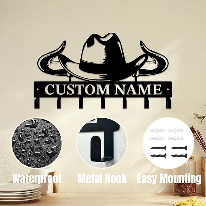Personalized Custom Name West Cowboy Keys Hooks,Metal Cowboy Art Clothes Keys Hooks,Metal Cowboy Lover Wall Home Storage Decorative Keys Hooks,Key Holder Hooks for Wall (Style B)