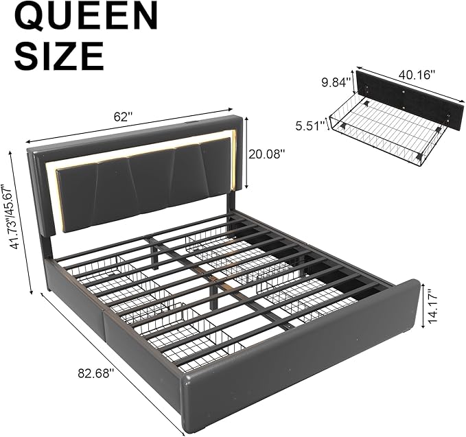Queen Size Bed Frame with 4 Storage Drawers and LED Lights, Upholstered Platform Bed with Adjustable Headboard and Charging Station, Metal Slats Support, No Box Spring Needed,Easy Assembly, Black