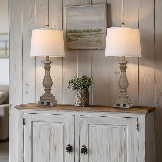 28" Tall Farmhouse Table Lamps Set of 2 with USB C+A Ports and AC Outlet, 3 Way Touch Control Rustic Bedside Lamp for Bedroom, Brown Vintage Nightstand Lamp for Living Room Office