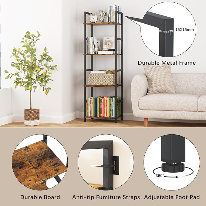 4 Tier Bookshelf, Small Book Shelf Industrial Bookcase, Metal Narrow Book Case Book Storage Organizer,Bookshelves for Bedroom Office Living Room(4 Tier,Rustic Brown)