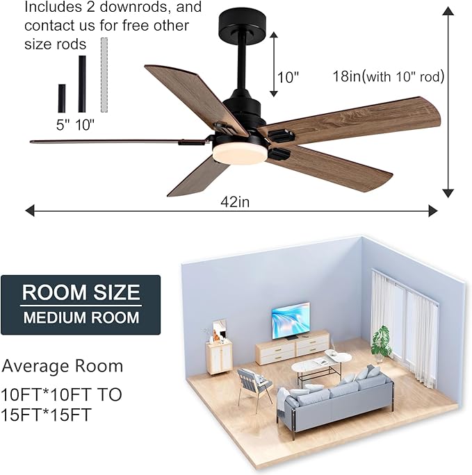 42 Inch Black Outdoor Ceiling Fans with Lights and Remote, Dimmable 5 Blade Outdoor Ceiling Fans for Patios, Black Ceiling Fan with Light for Bedroom Indoor Living Room