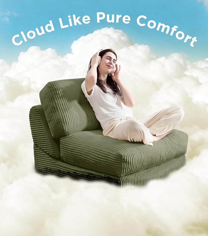 Tbfit Folding Sofa Bed, Convertible Sleeper Chair with Large Pillow, Corduroy Folding Couch Bed, Portable & Foldable Mattress Boneless Floor Sofa for Living Room, Bedroom, Office, Green, Single