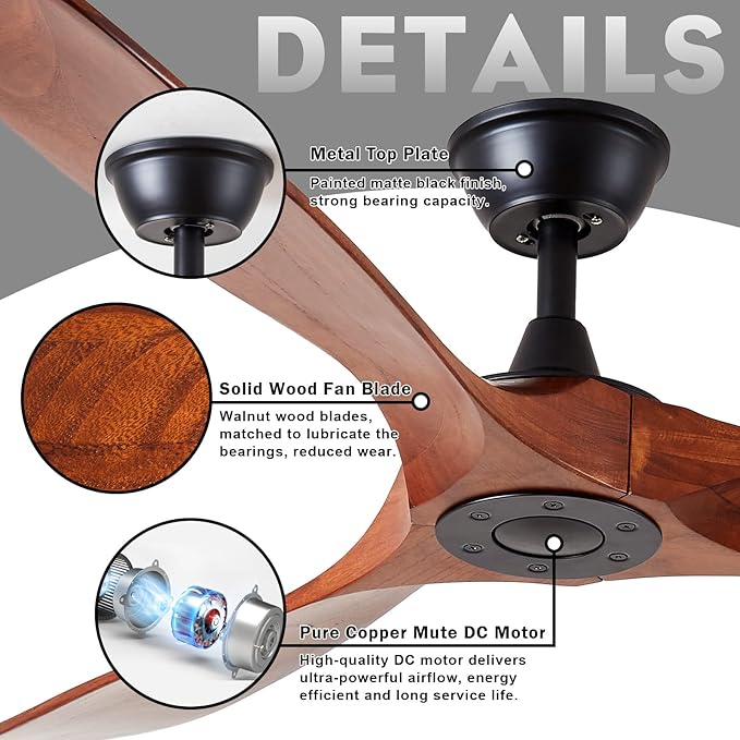 60 inch 3 blade Wood ceiling fan without light, Noiseless Reversible DC Motor Walnut Ceiling Fan Without Light for Farmhouse Patio Living Room Bedroom, Indoor Outdoor Ceiling Fan with Remote