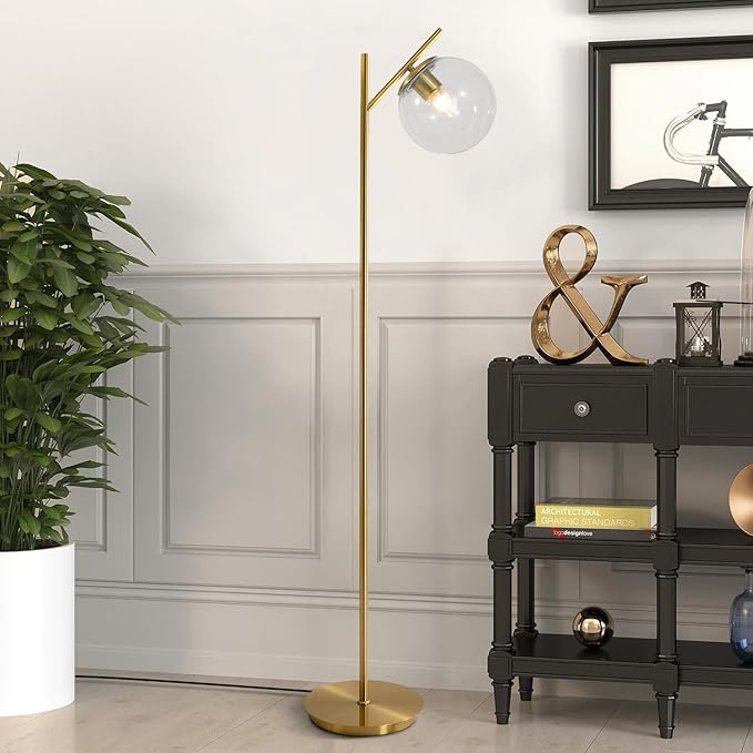 Mid Century Brass Floor Lamps Vintage Clear Standing Lamp for Living Room Modern Tall Freestanding Lamps Retro Farmhouses Globe Floor Lamp for Bedroom Office