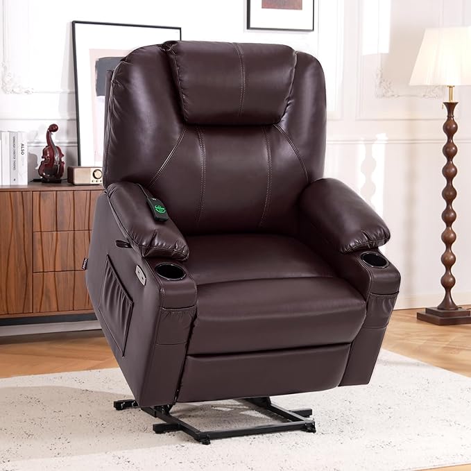 MCombo Extra Wide Power Lift Recliner Chair for Elderly, Lift Chair with Heat and Massage for Big People, USB&Type C Ports, Cup Holders, Faux Leather R7045 (Dark Brown, Medium-Wide)