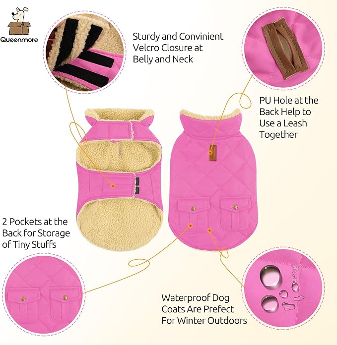 Queenmore Dog Winter Coat - Fleece Jacket, Waterproof Cold Weather Clothes, Thick Warm Cotton Padding, Easy On Storage Pockets (Pink, X-Large)
